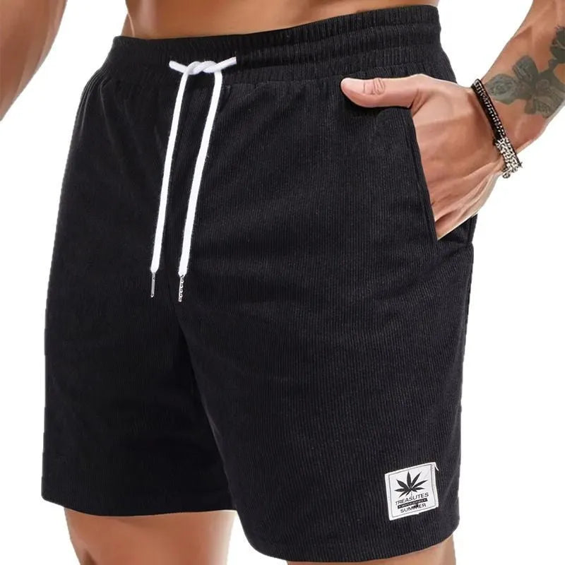 Man's pair of grey straight-leg summer shorts with a drawstring elastic waistband.
