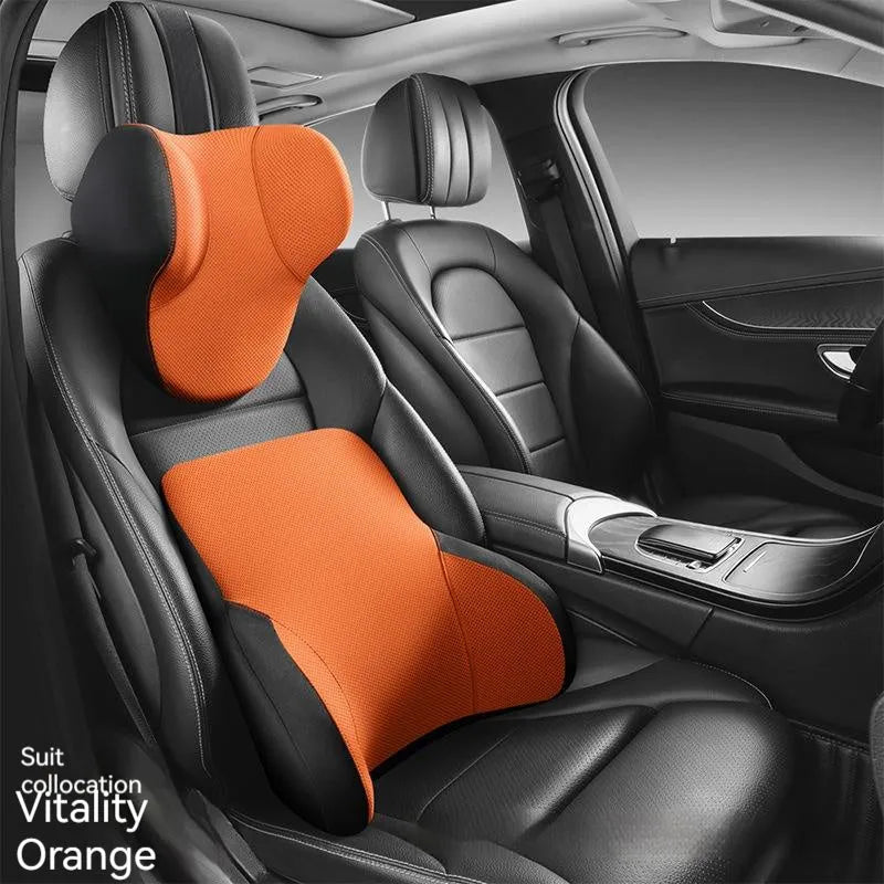 Memory foam car lumbar support pillow and matching headrest with knitted fabric in black colour.