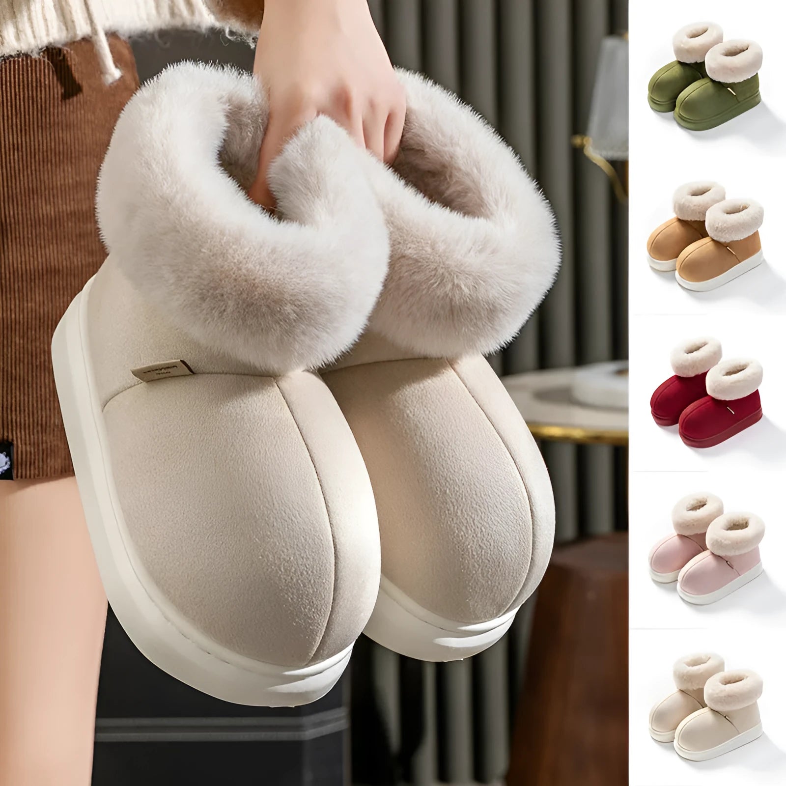 Women's plush winter snow boots with thick EVA sole, round toe, 3cm heel, in beige, green, khaki, pink, red