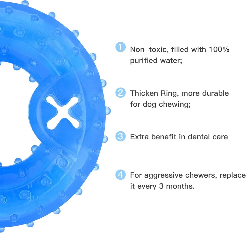 Freezable bone and circle shaped dog chew toys for cooling and teething relief.
