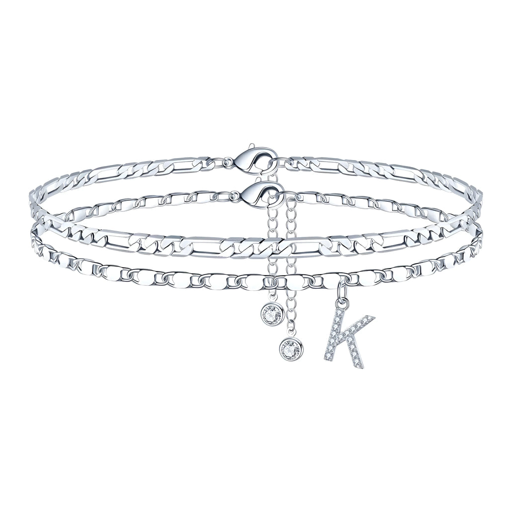 Silver-colour copper double-circle bead anklet with engraved text detail on a neutral background.
