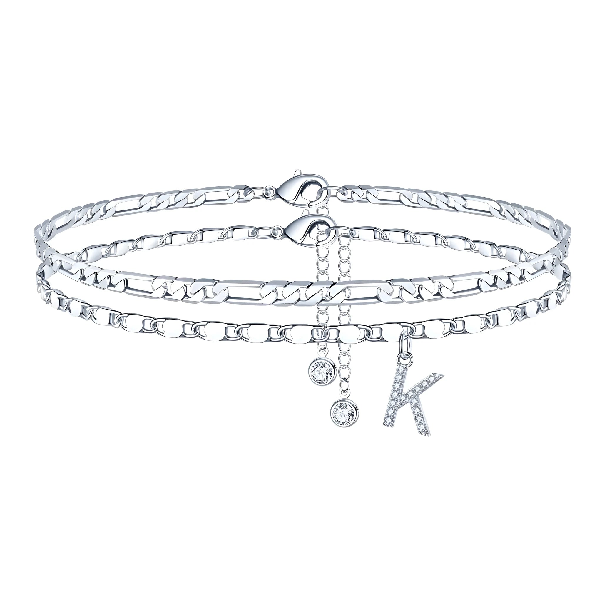 Silver-colour copper double-circle bead anklet with engraved text detail on a neutral background.