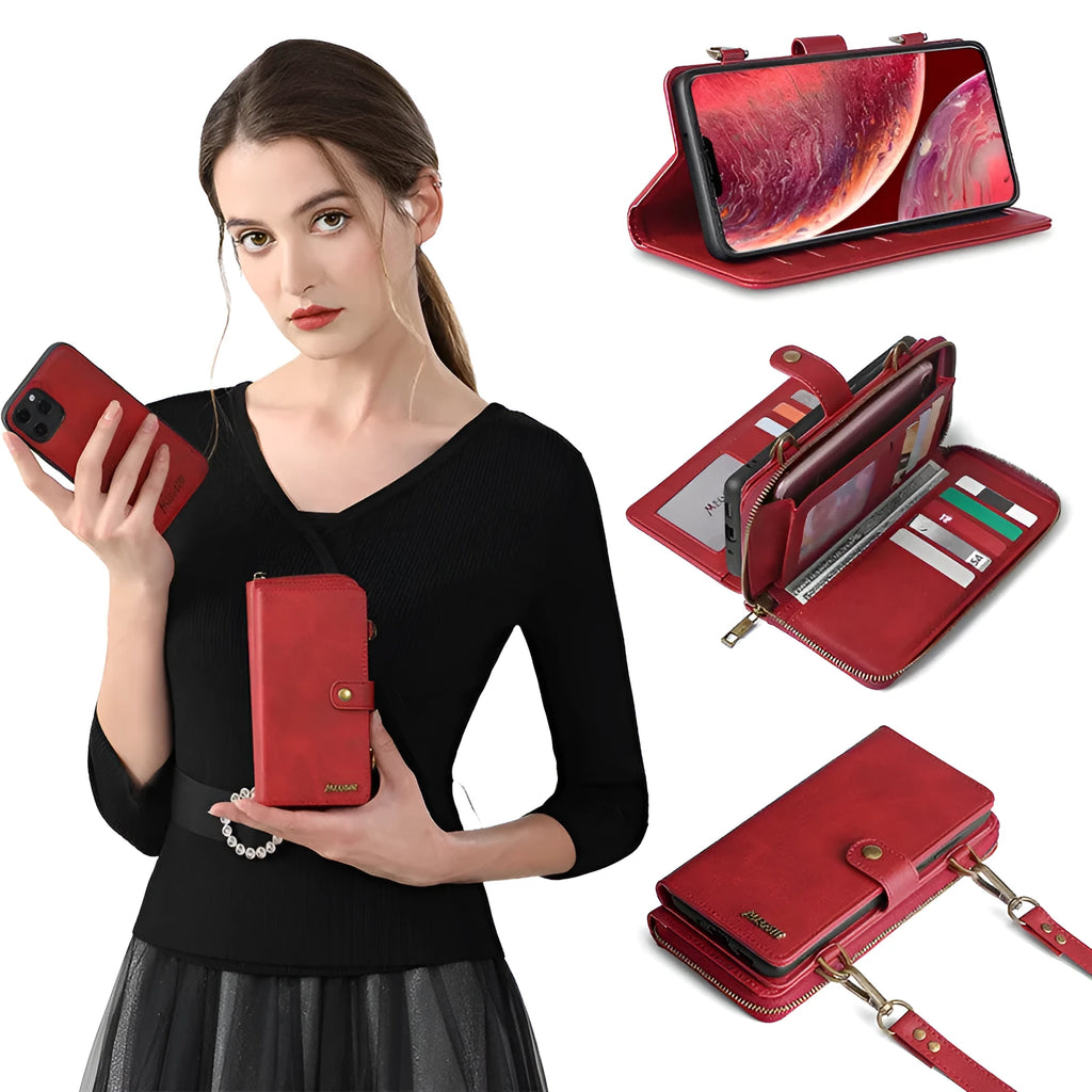 Detachable leather wallet phone case in black, shown fitted on an iPhone 12 Pro Max.