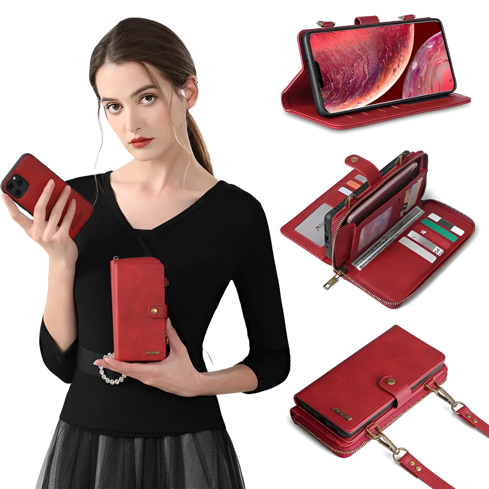 Detachable leather wallet phone case in black, shown fitted on an iPhone 12 Pro Max.