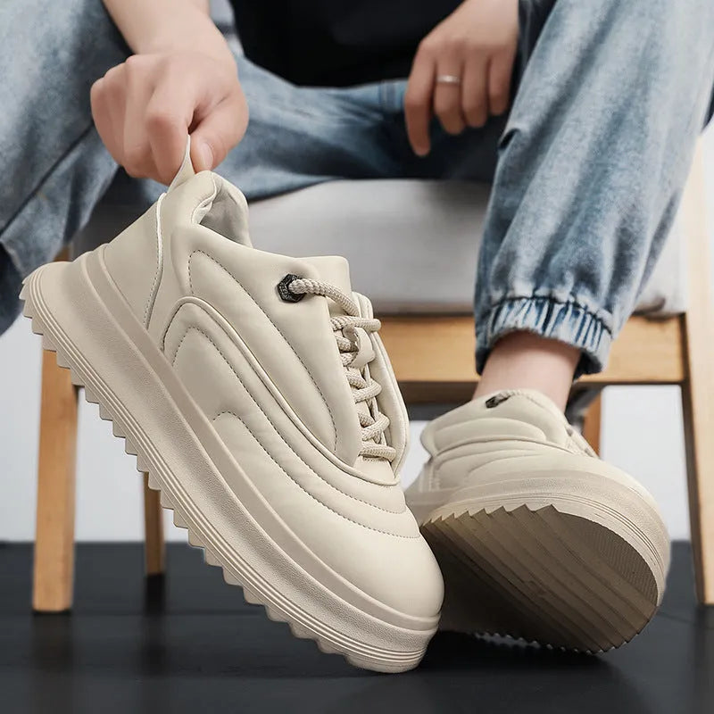 Matte cowhide leather casual shoes for men and women with a low heel, shown in khaki apricot colour.