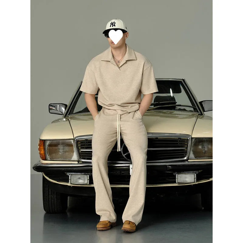 Beige cotton lapel short-sleeved T-shirt and trousers suit for men, casual summer wear