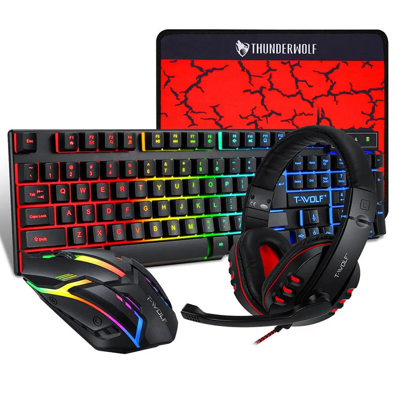 Thunder Wolf T800 gaming keyboard and mouse set with headset and mouse pad showing RGB lighting effects