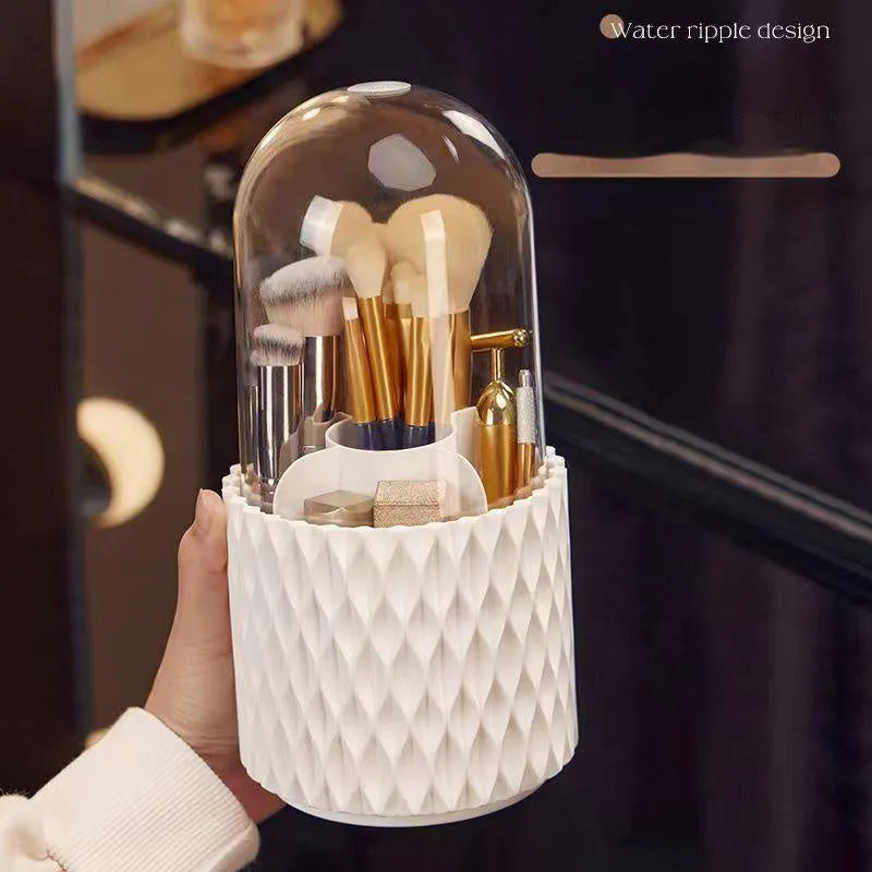 White rotating transparent makeup brush holder with dustproof lid on desktop