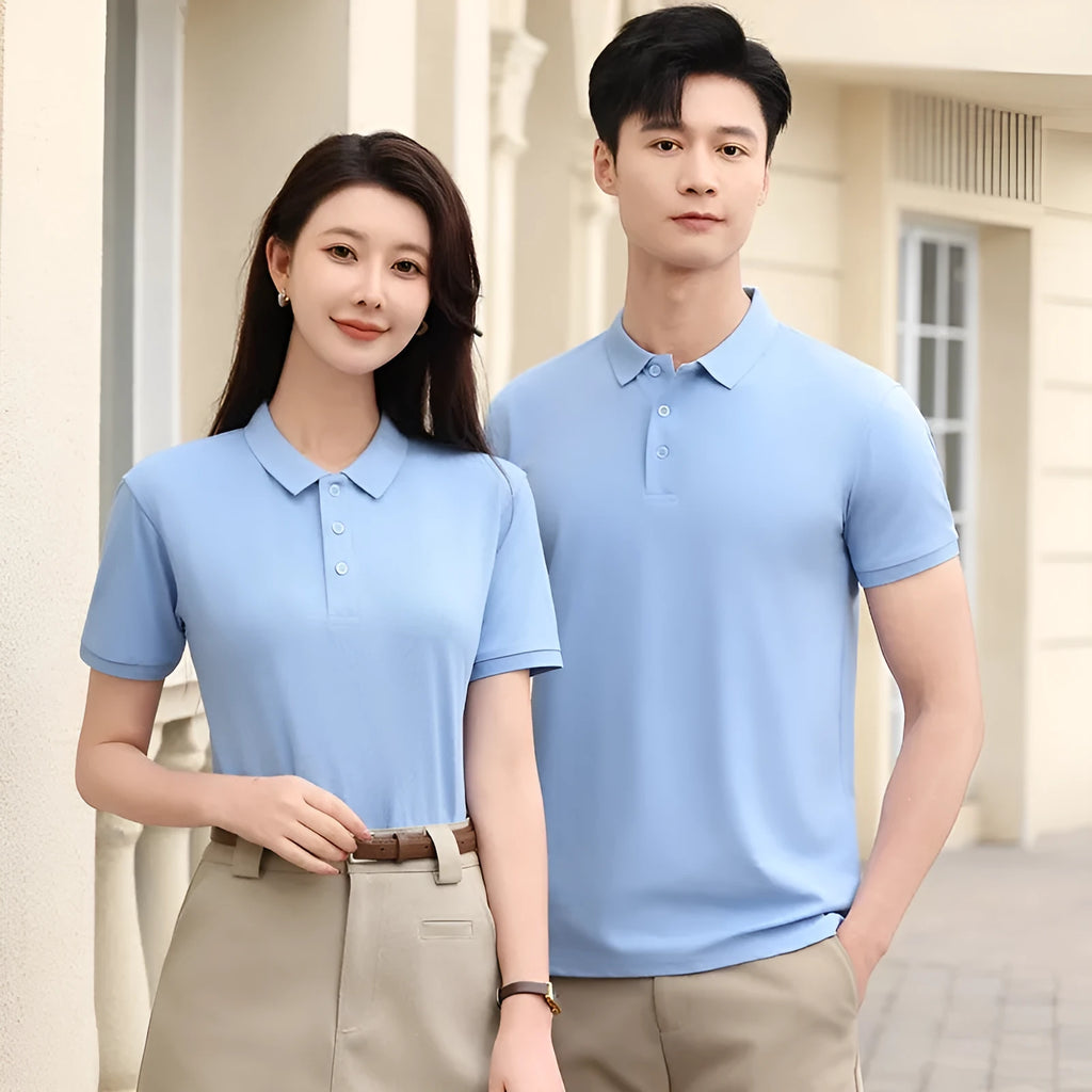 Cotton lapel collar polo T-shirt on a hanger, available in multiple colours including Aerospace Blue.
