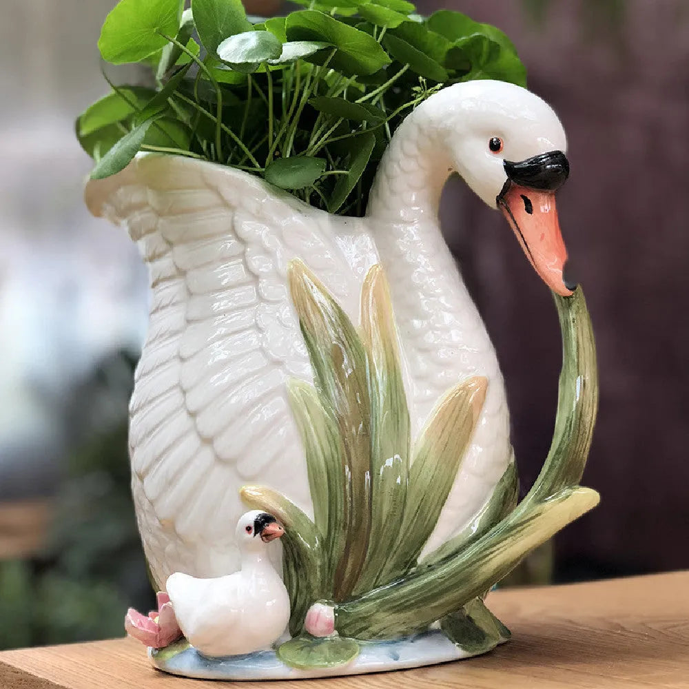 Ceramic swan vase with all-over embossed pattern, 24cm long, 15cm wide, 20cm tall, pastoral style home decoration