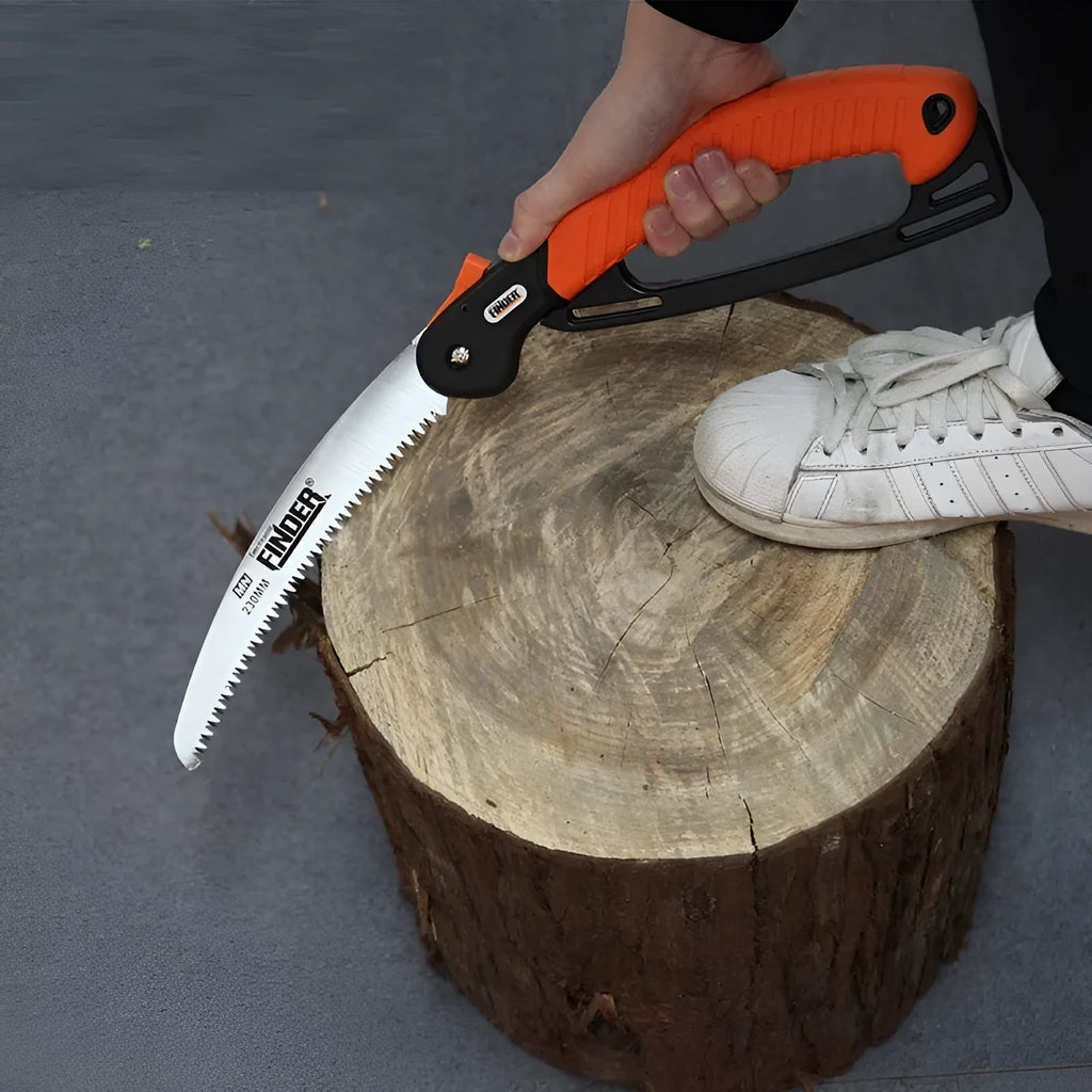 A folded and an unfolded view of a silver 230mm garden pruning saw with a black TPR grip handle.