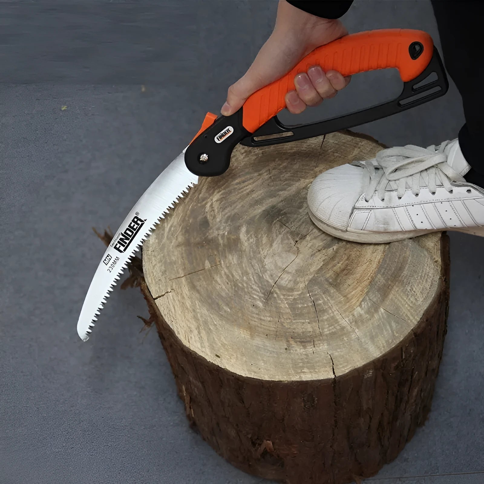 A folded and an unfolded view of a silver 230mm garden pruning saw with a black TPR grip handle.