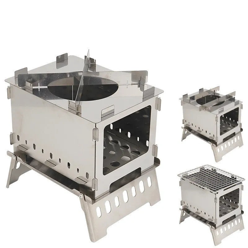 Silver outdoor folding card stove with grill mesh and storage bag on table