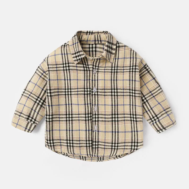Boy's long sleeve cotton shirt with lattice design in khaki, available in multiple sizes