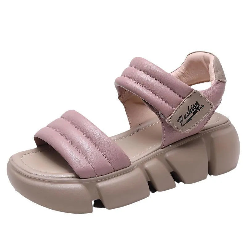 Open toe platform wedge sandals in beige with round toe, Velcro strap, and non-slip rubber sole