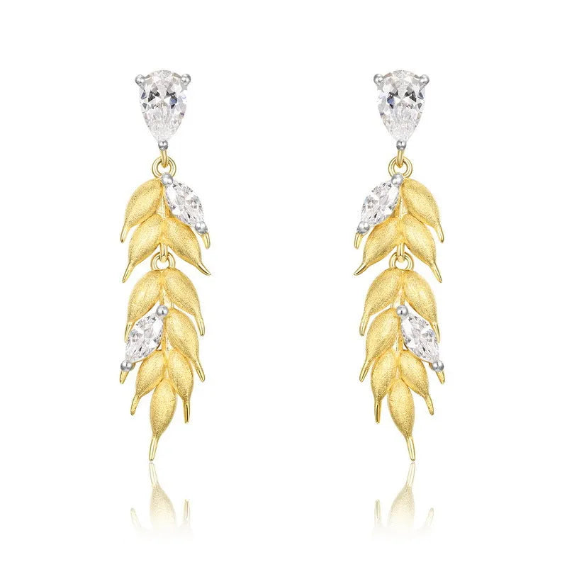 S925 sterling silver diamond-encrusted wheat tassel earrings 10K gold floral leaf design women's light luxury jewellery