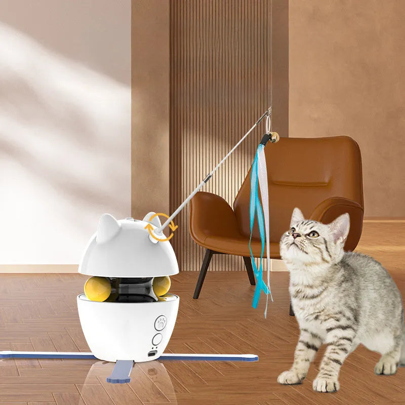 White automatic electronic cat toy with moving stick and elastic rope for indoor feline entertainment