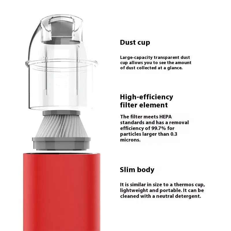 Portable handheld vacuum cleaner with nozzle for car interior and desktop dust removal, metal and plastic build
