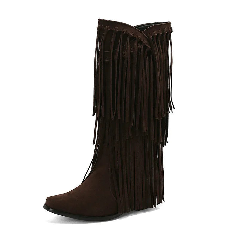 Women's brown suede knee-high boots with a chunky heel, platform sole, and tassel detail on the front.