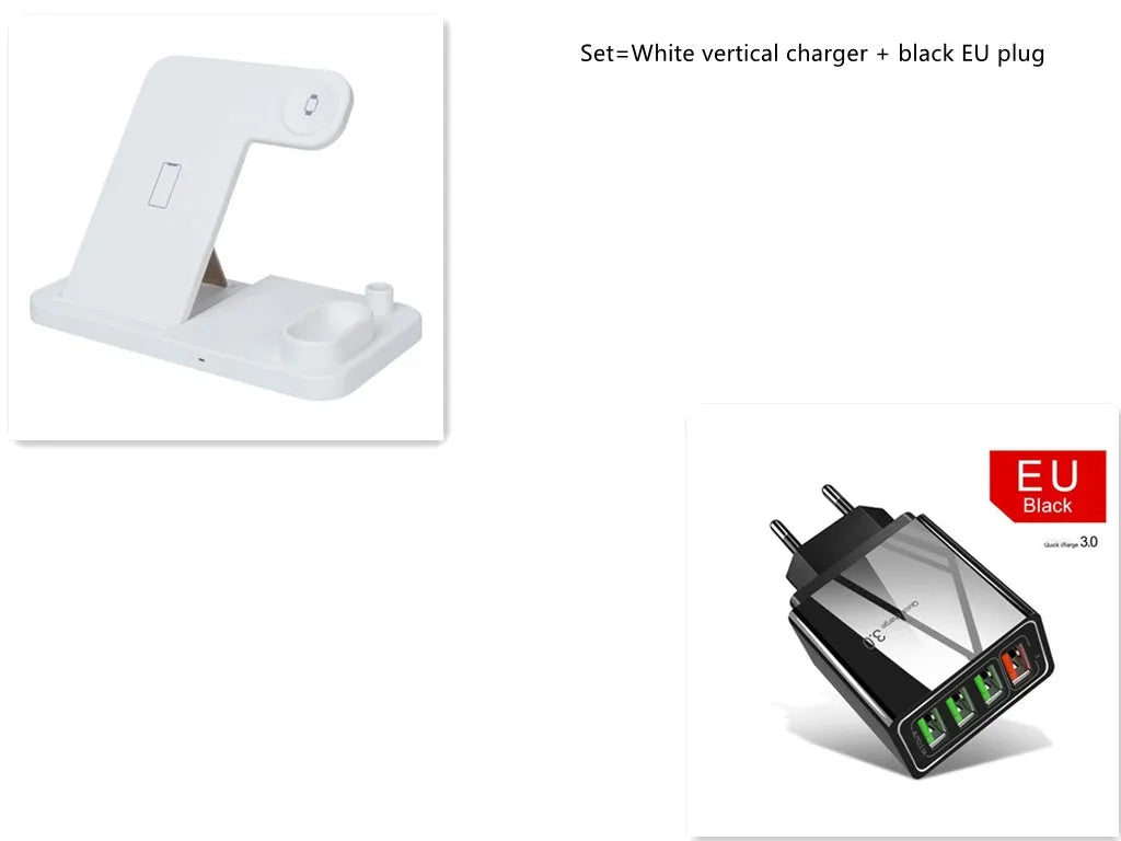 Black 4-in-1 wireless charging dock showing phone on adjustable stand, Apple Watch, AirPods, and Apple Pencil charging simultaneously.