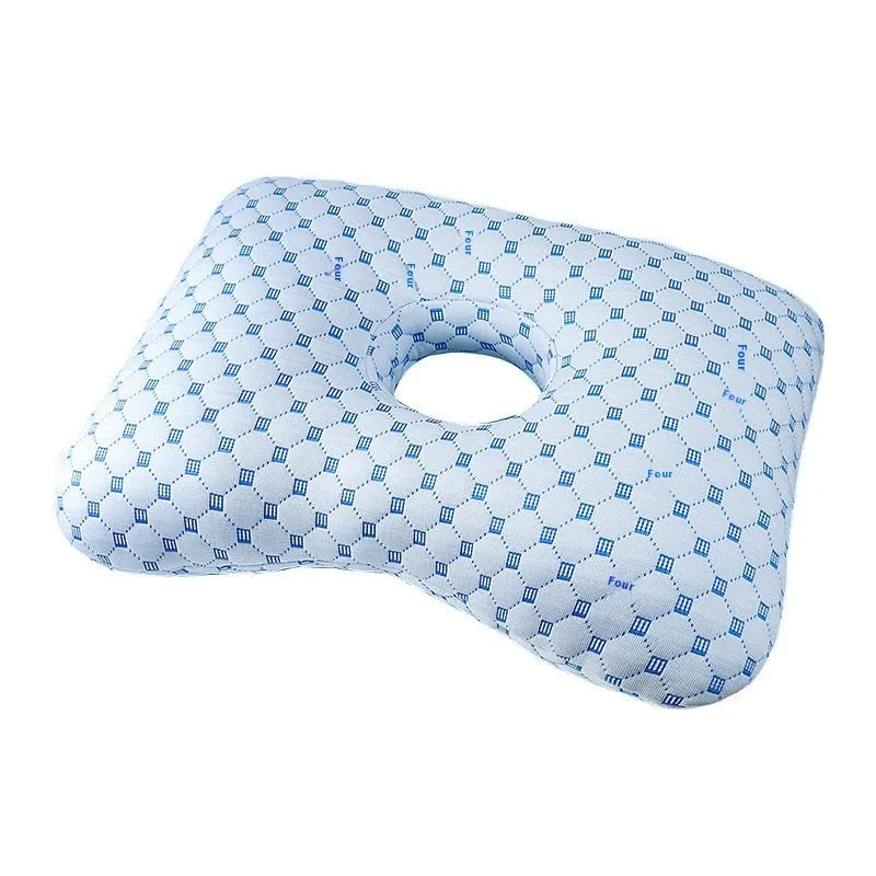 Beauty salon single hole ear pillow for adults in grey plaid pattern, showing dimensions.