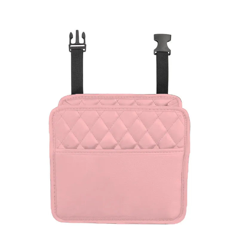 Leather car interior hanging storage bag in black colour showing door pocket mounting