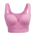 Women's reinforced sports bra showing fixed double-shoulder straps and moulded cup construction in available colours