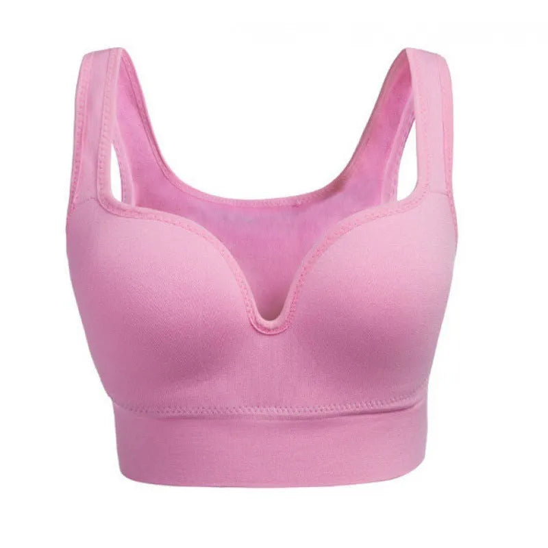 Women's reinforced sports bra showing fixed double-shoulder straps and moulded cup construction in available colours