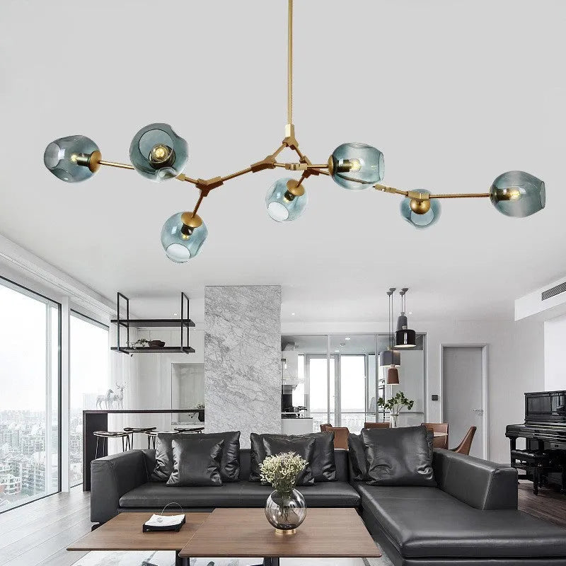 Nordic branch LED ceiling lamp with iron frame and glass shades, 10-head configuration in gold transparent finish