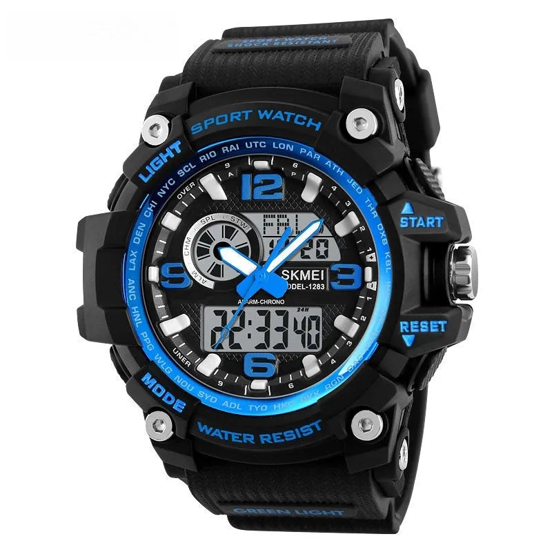 Sports waterproof electronic watch for men with black silicone strap and round dial