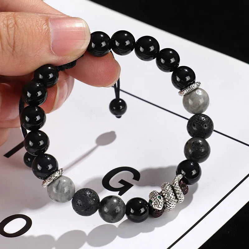 Handmade adjustable agate couple bracelet in black or white with turquoise accents and snake chain