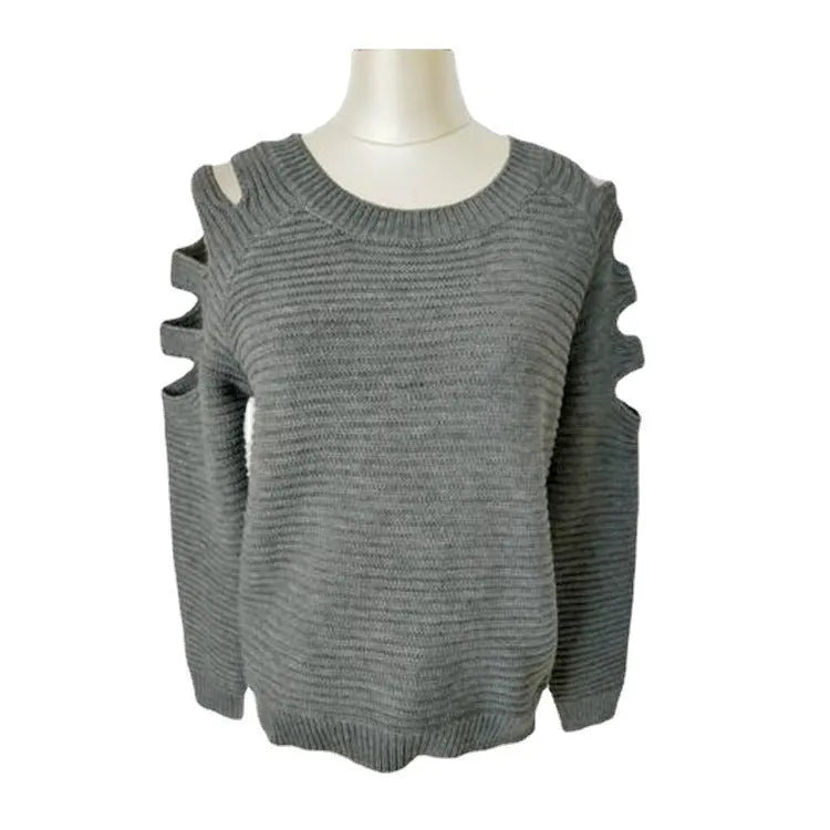 Women's grey solid colour jumper with hollow-out crochet pattern and round neck