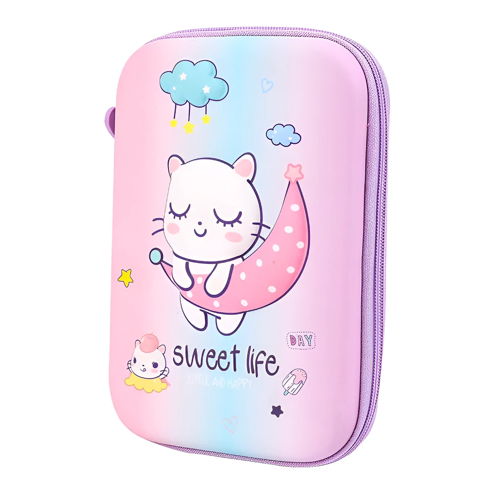 Square canvas pencil case with cartoon print, featuring a zip and large storage compartment