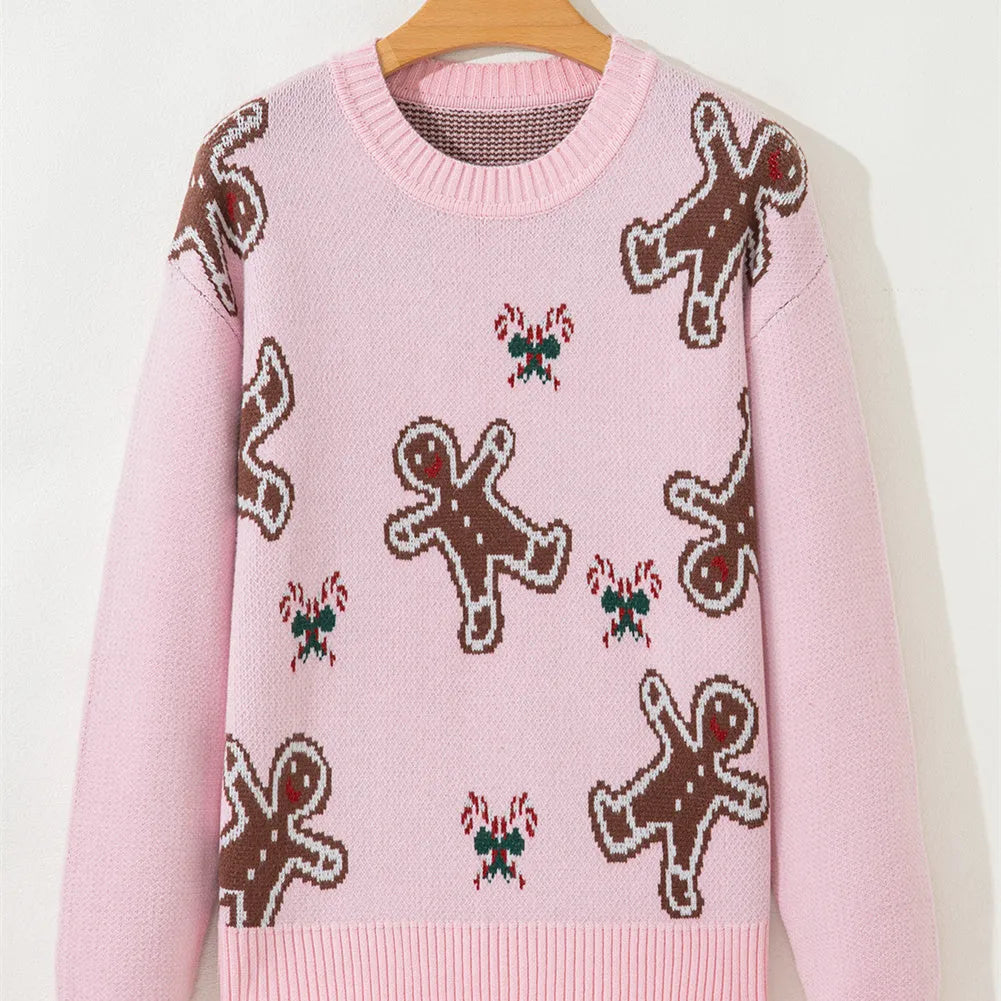 Women's spring round neck loose acrylic sweater in pink with long flight sleeves, shown on female model
