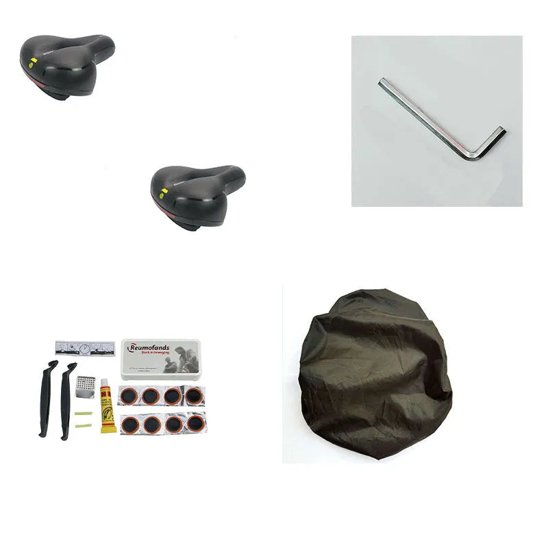 Soft silicone bicycle saddle cushion with black PU leather cover, shown with included waterproof cover, wrench, and puncture repair kit.