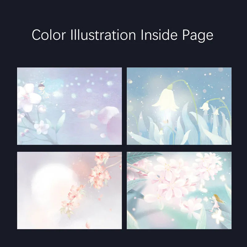 A5 notebook with a luminous cover shown in deep blue, open to reveal pages with colour illustrations.