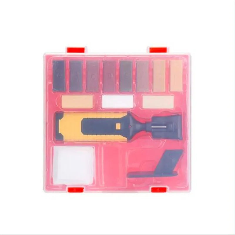 Floor repair tool with red or yellow handle and wax sticks for tile surface restoration