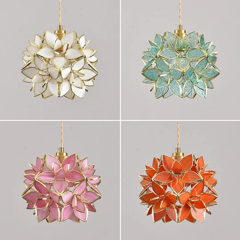 Stained glass hanging chandelier with coloured shades and copper lamp heads on adjustable cable