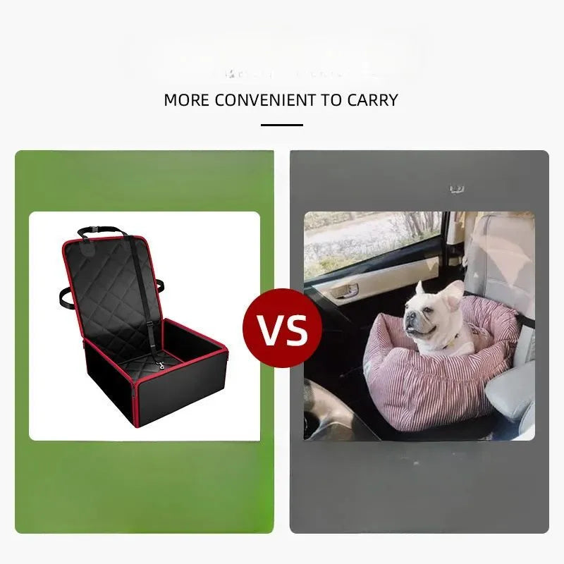 Black car pet seat pad with anti-dirt surface and non-slip base placed on vehicle front seat
