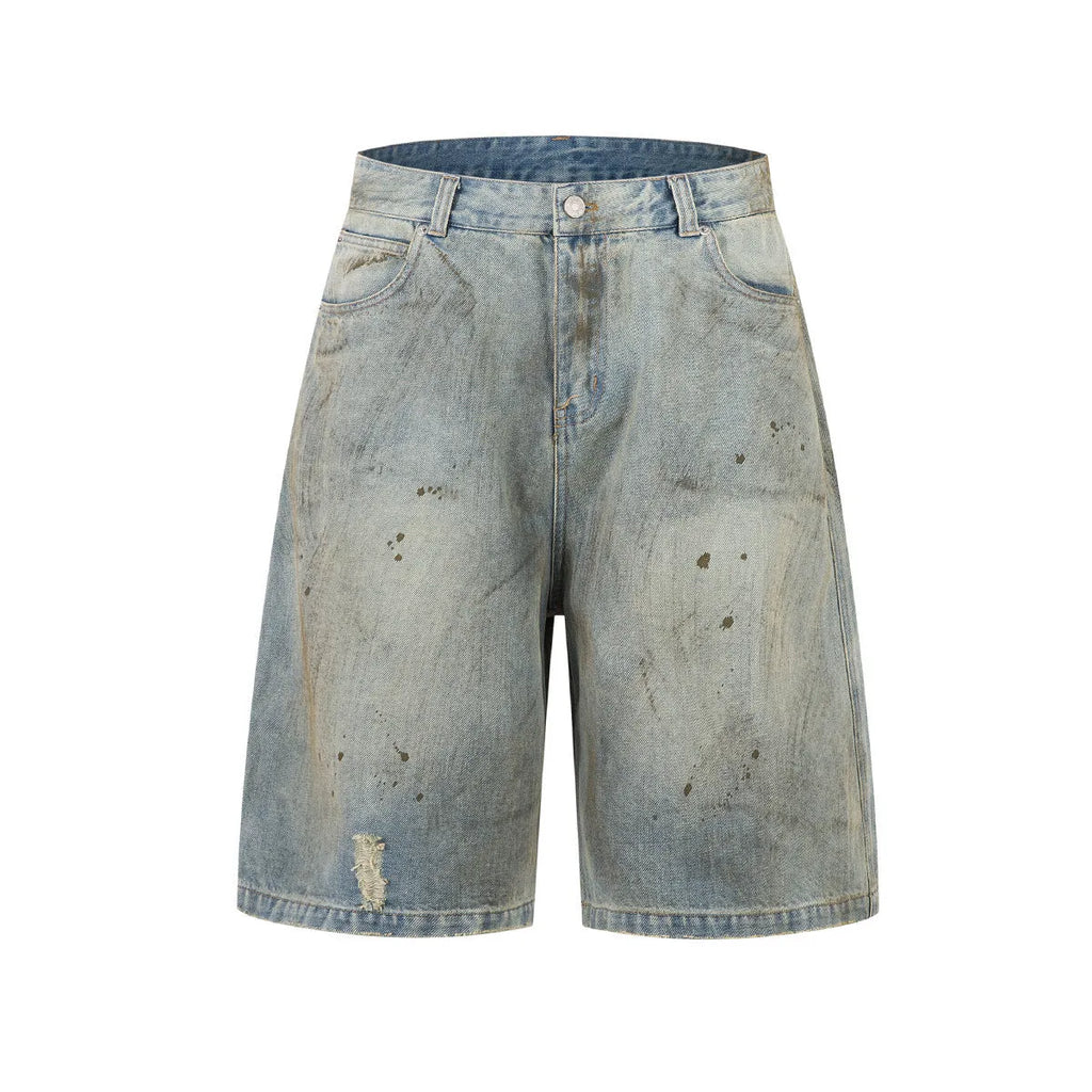 Washed blue cropped denim jeans with straight-leg cut and zip fly front