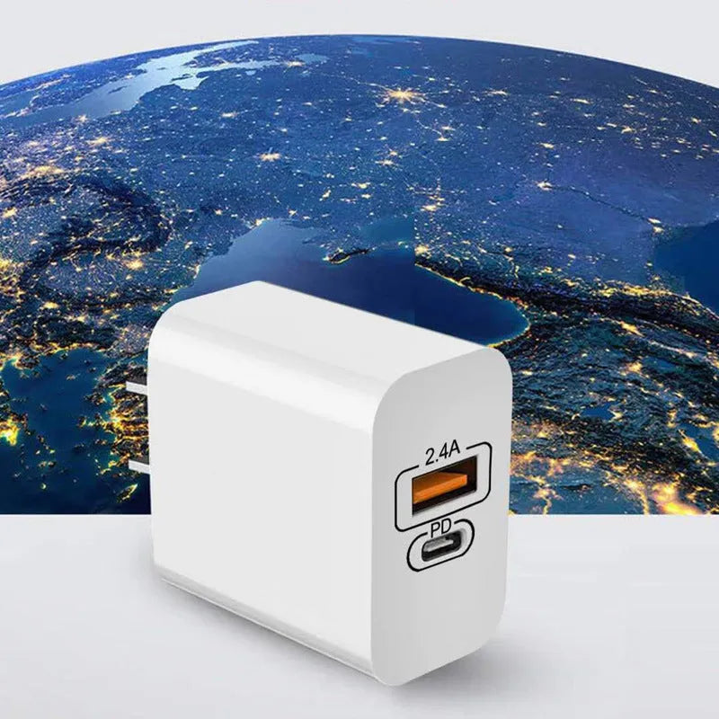 USB travel charger with fast charge PD interface for Android phones showing bare metal construction