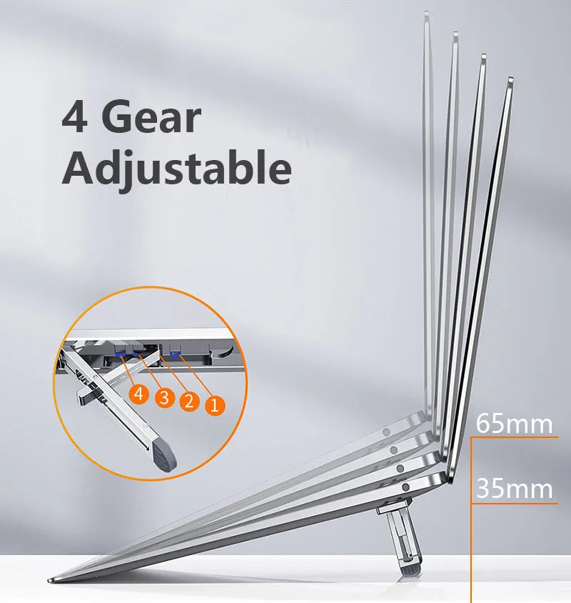 Aluminium laptop cooling bracket in silver colour with adjustable heightening base