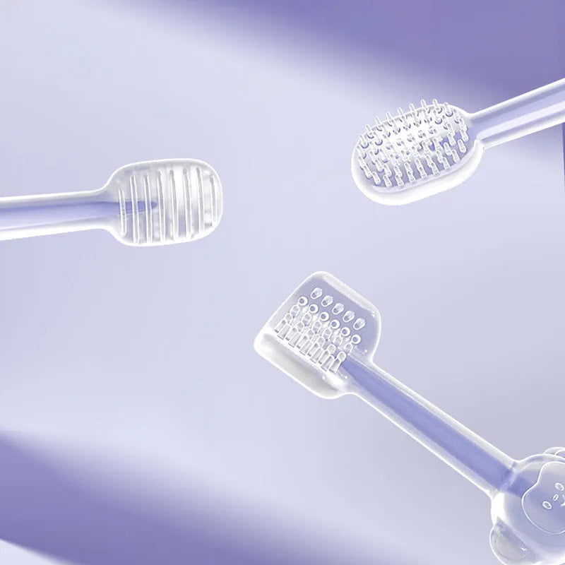 Purple silicone pet toothbrush for dogs and cats with soft bristles for dental cleaning