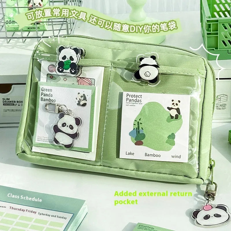 Green Korean style panda pencil case with 12 layers for large capacity stationery storage