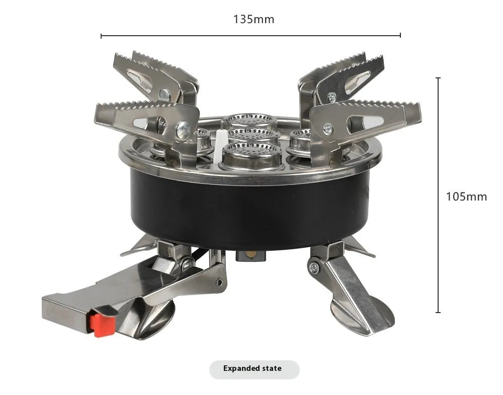 Silver stainless steel split camping stove with folded legs and a coiled 100cm fuel hose, shown next to a ruler showing 155mm length.
