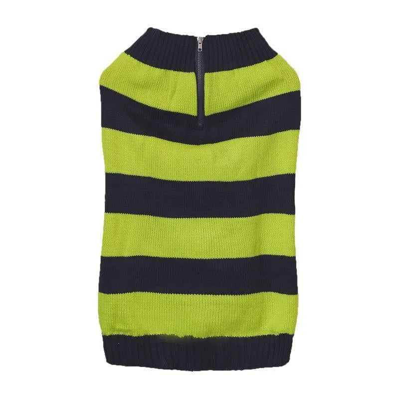 Grey dog jumper with contrasting colour trim, horizontal front zipper, and button-secured chest pocket