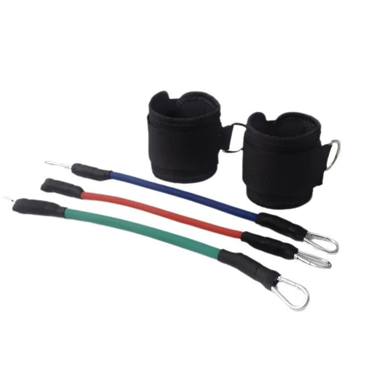 Black elastic taekwondo training pull rope set for leg strength and kicking power.