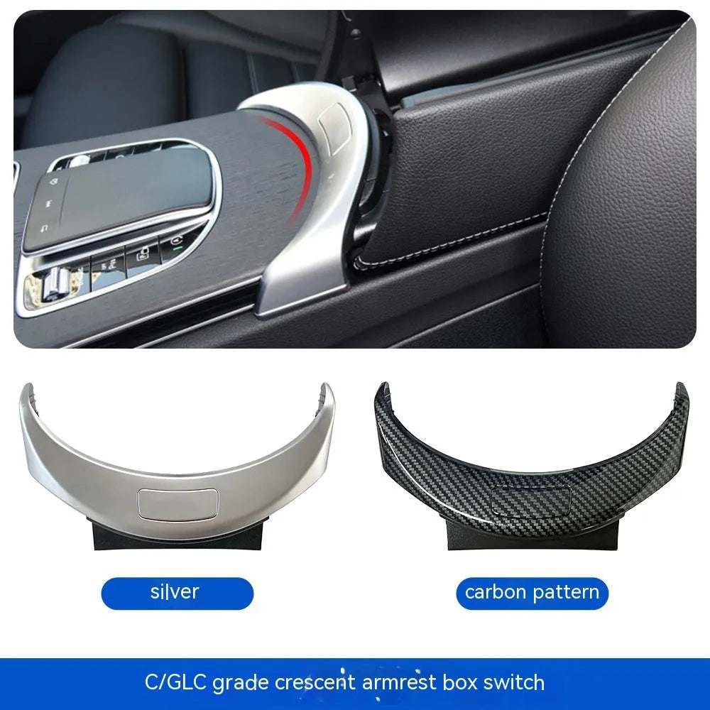 Mercedes C-Class GLC armrest button cover panel in silver, black, and carbon finishes