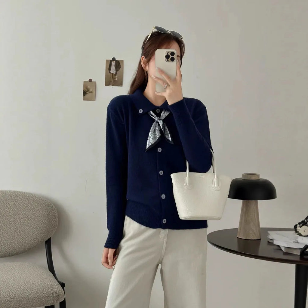 Beige lapel scarf sweater cardigan with splicing design and long sleeves