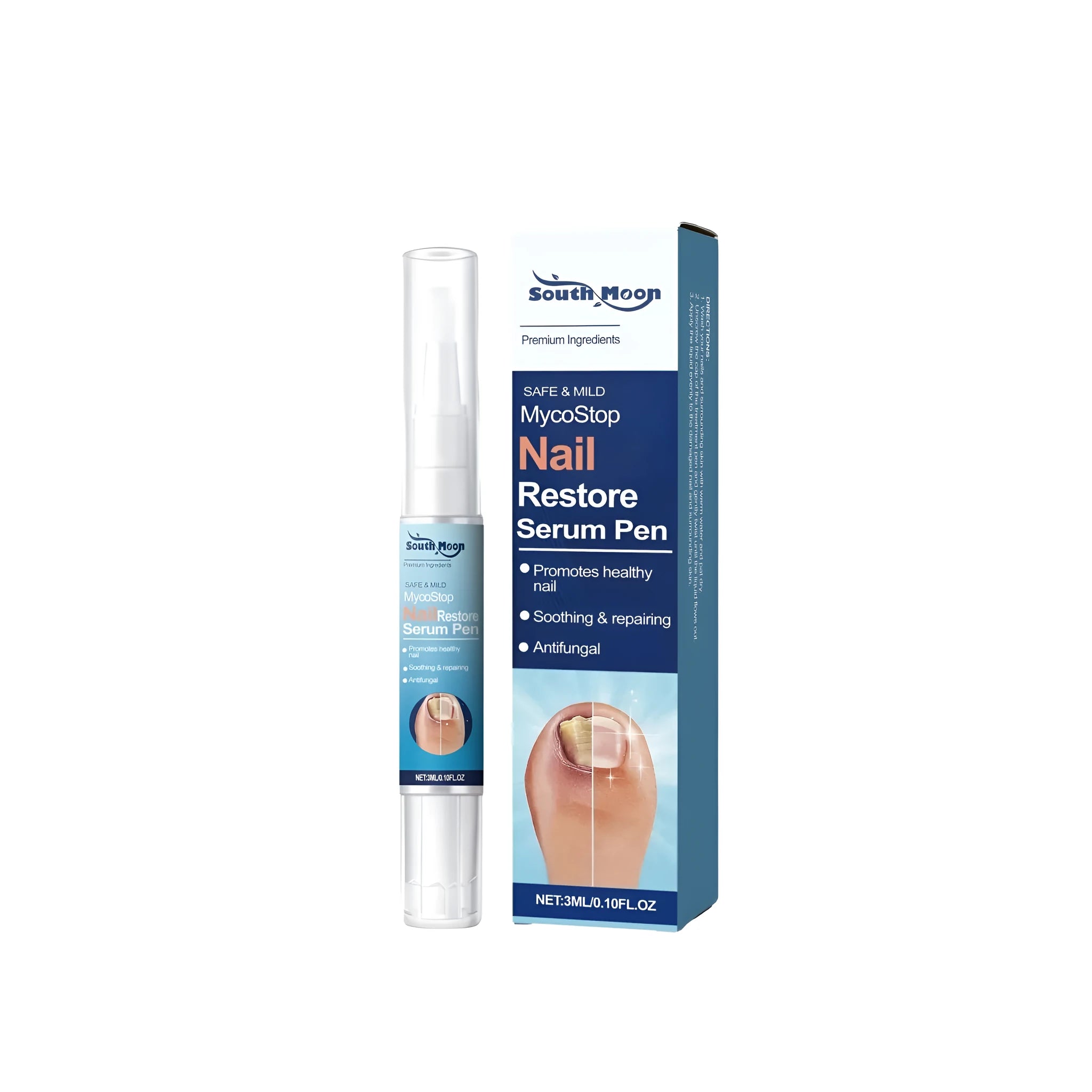 Nail restore serum pen with clear solution and applicator tip for topical nail care.